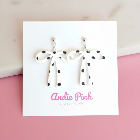 White & Black Polka Dot Bow Earrings