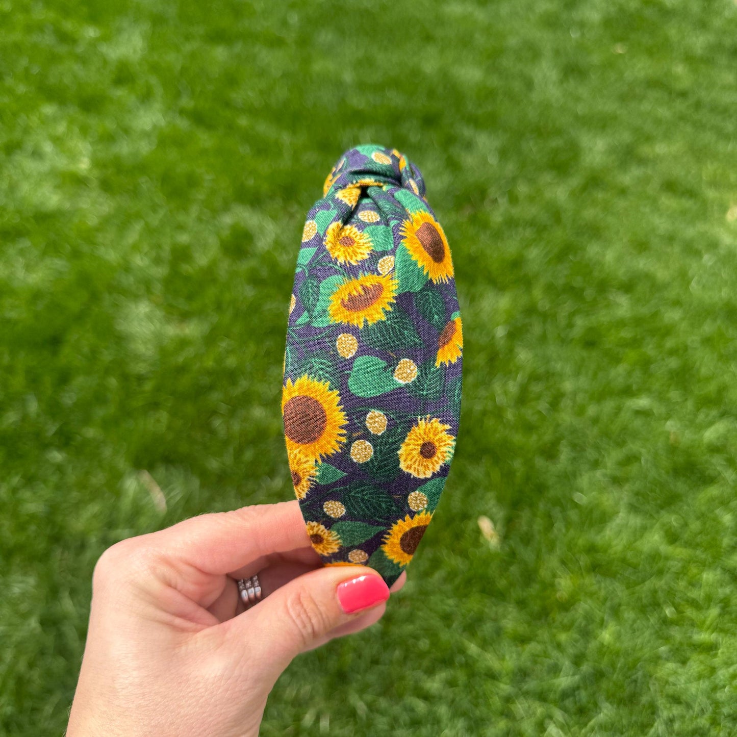 Navy Blue Sunflower Topknot Headband Made with Rifle Paper Co. Fabric