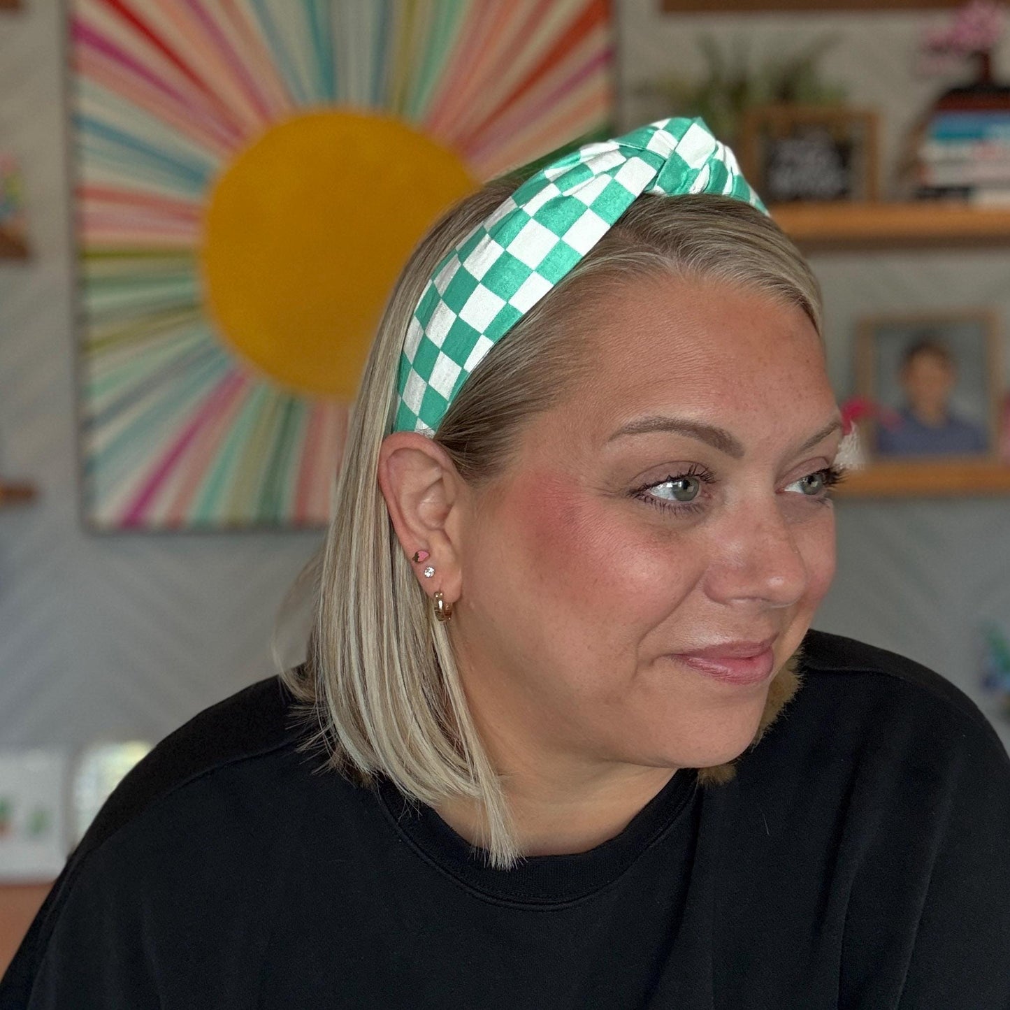 Teal & White Checkered Headband