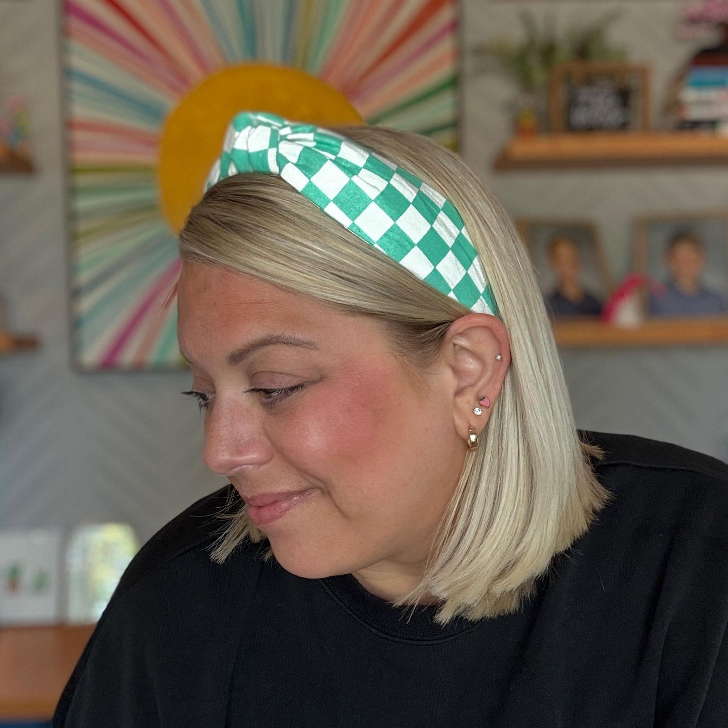 Teal & White Checkered Headband
