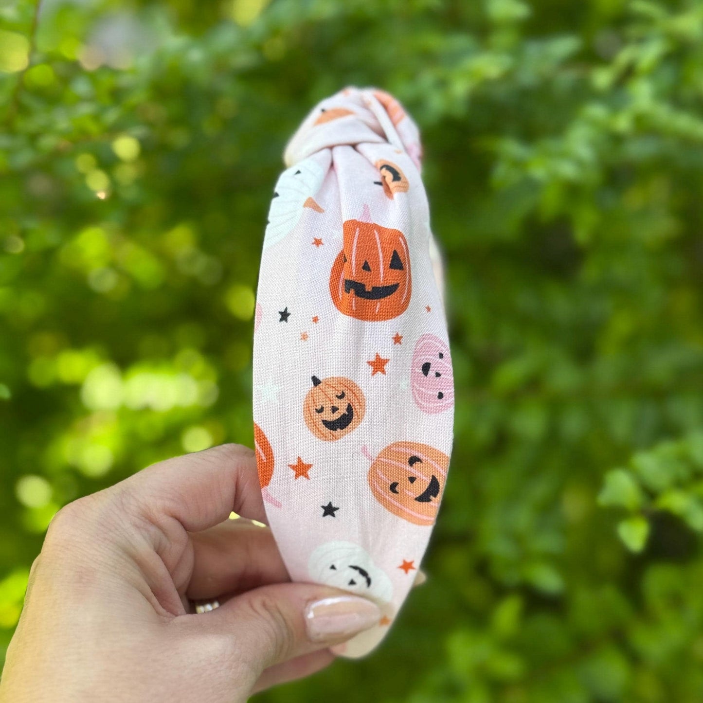Pink Halloween Headband with Pumpkins, Topknot Headband, Comfortable Topknot Headband, Women & Girls (age 5+)