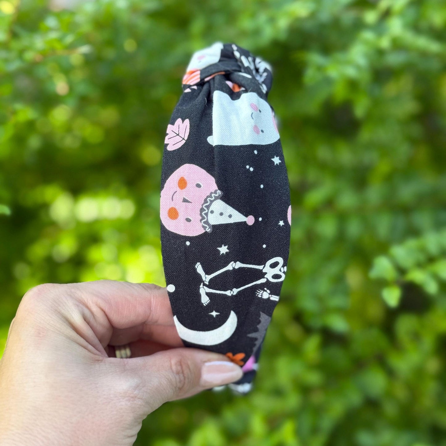 Cute Black and Pink Halloween Headband, Topknot Headband, Pumpkins and Ghosts, Comfortable Topknot Headband, Women & Girls (age 5+)