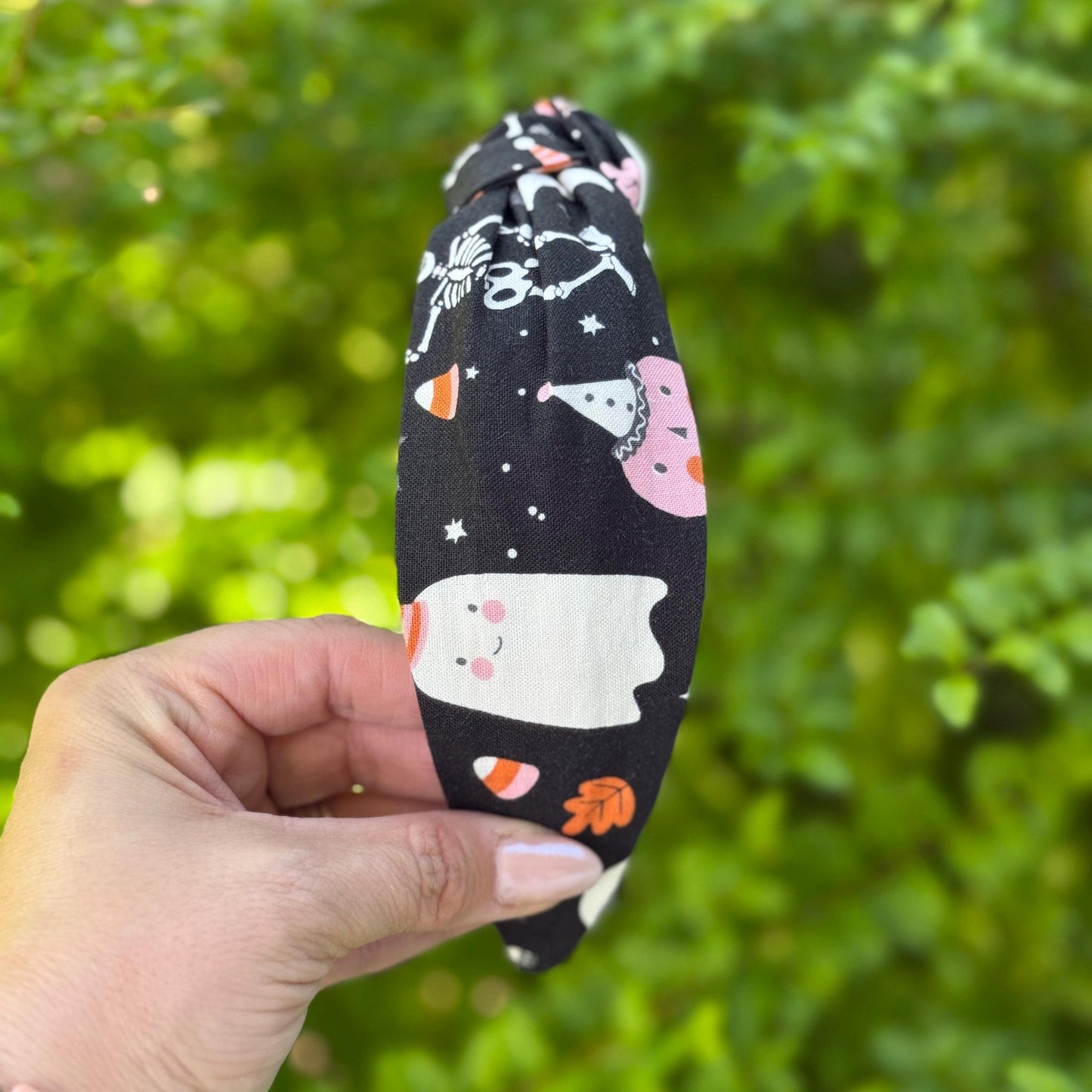 Cute Black and Pink Halloween Headband, Topknot Headband, Pumpkins and Ghosts, Comfortable Topknot Headband, Women & Girls (age 5+)