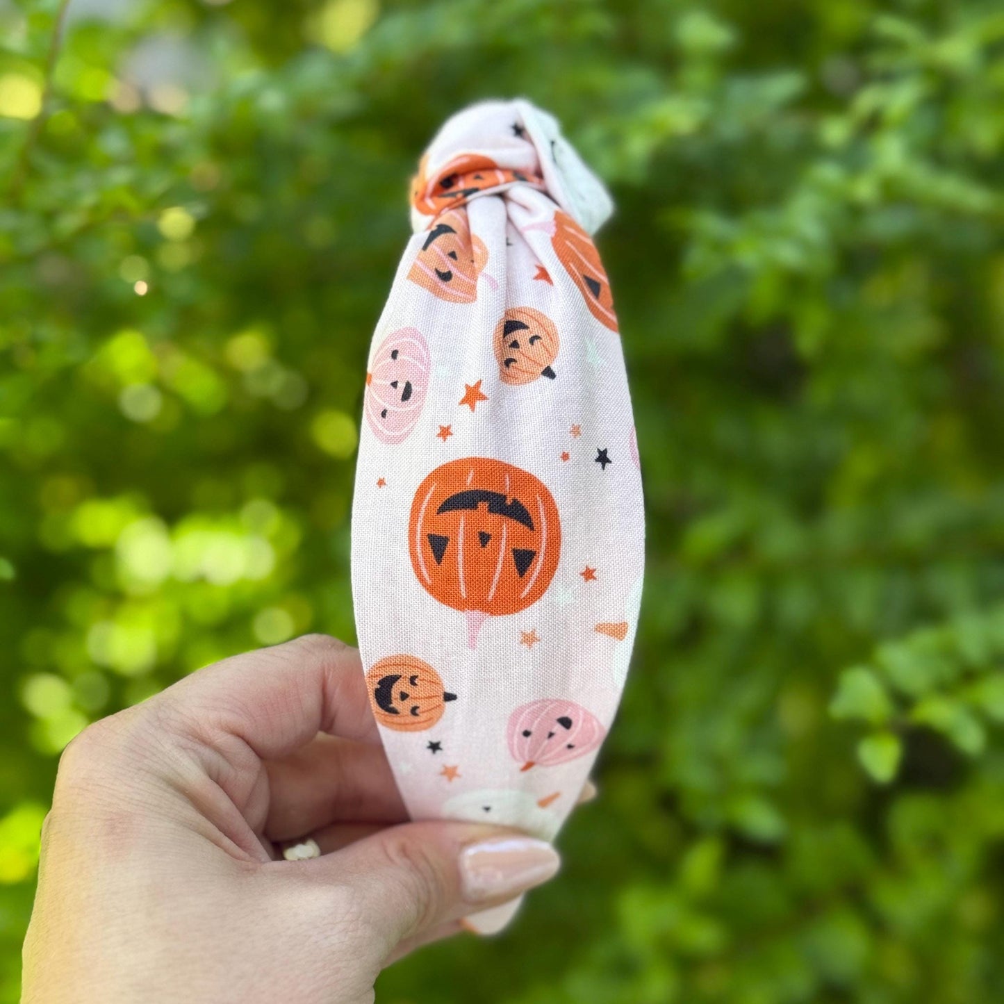 Pink Halloween Headband with Pumpkins, Topknot Headband, Comfortable Topknot Headband, Women & Girls (age 5+)