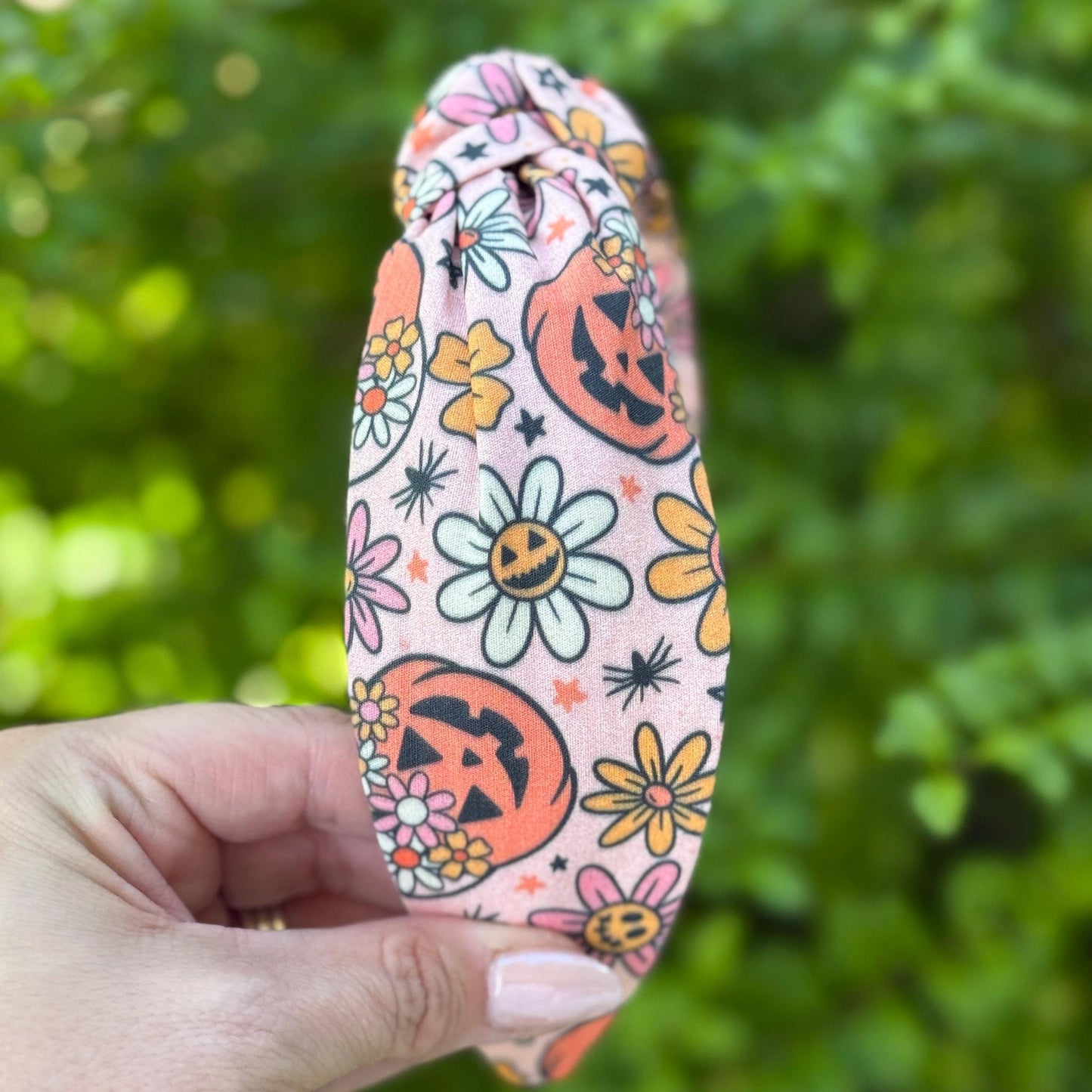Retro Floral Halloween Headband, Topknot Headband, Pumpkins and Ghosts, Comfortable Topknot Headband, Women & Girls (age 5+)