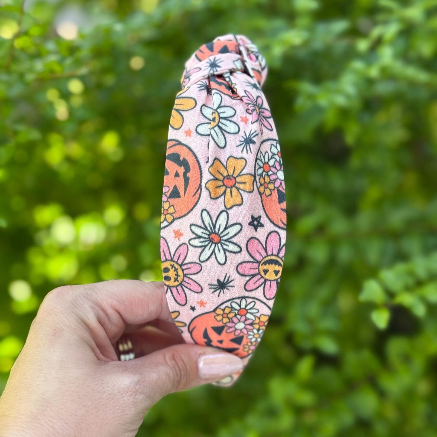 Retro Floral Halloween Headband, Topknot Headband, Pumpkins and Ghosts, Comfortable Topknot Headband, Women & Girls (age 5+)