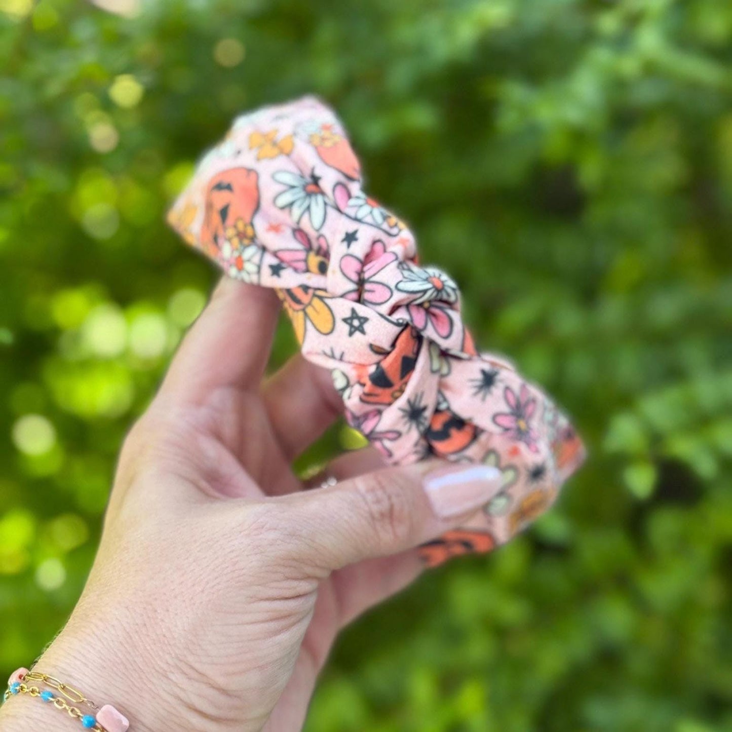 Retro Floral Halloween Headband, Topknot Headband, Pumpkins and Ghosts, Comfortable Topknot Headband, Women & Girls (age 5+)