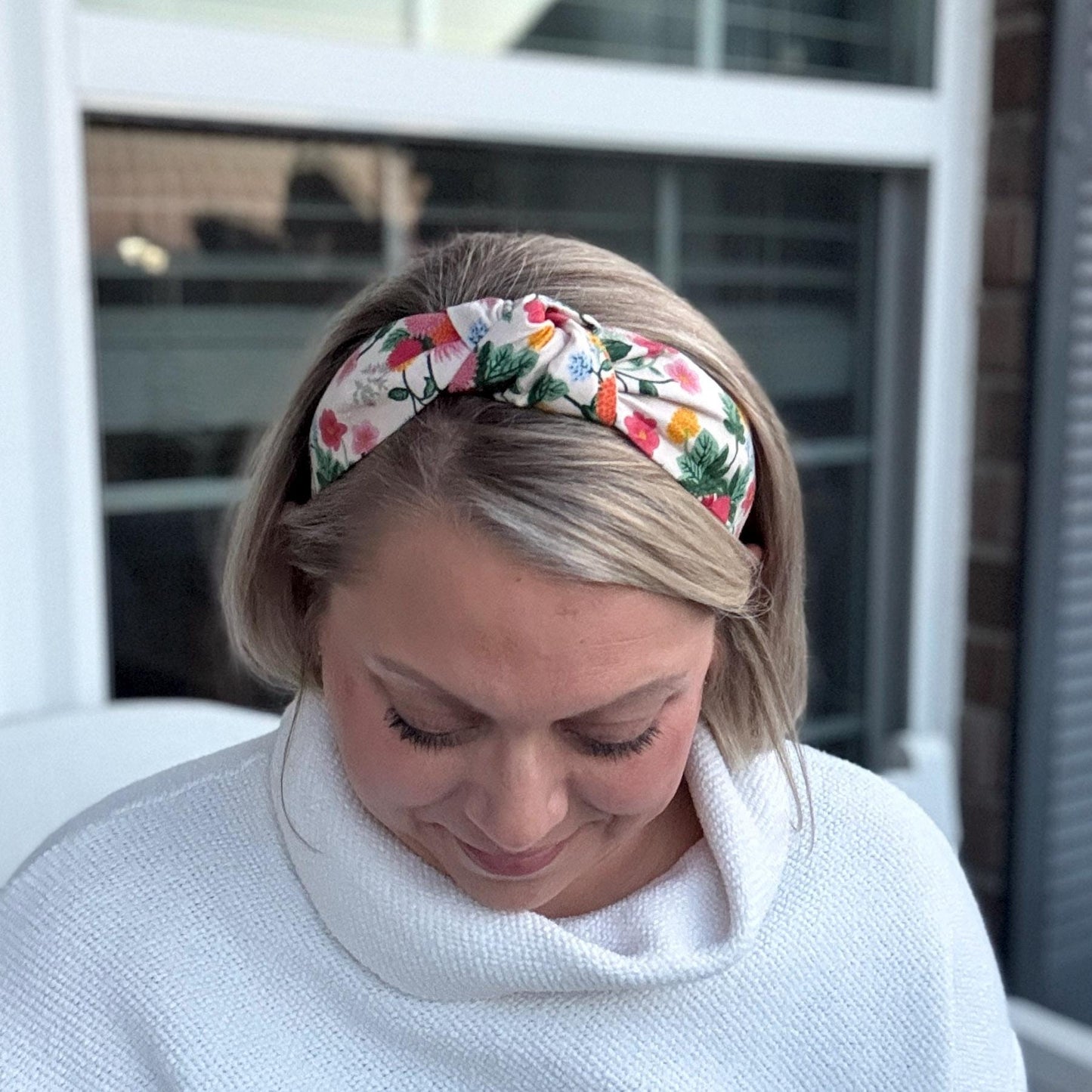 Dahlia Floral Topknot Headband made with Rifle Paper Co. fabric