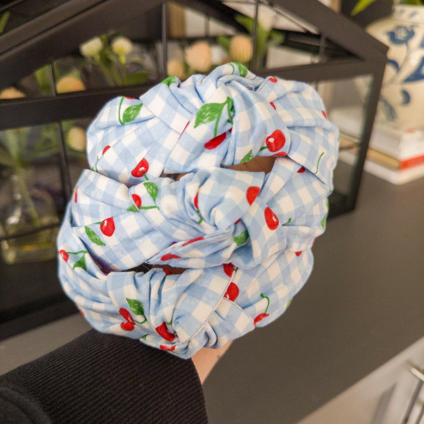 Cherry Headband with Blue & White Check