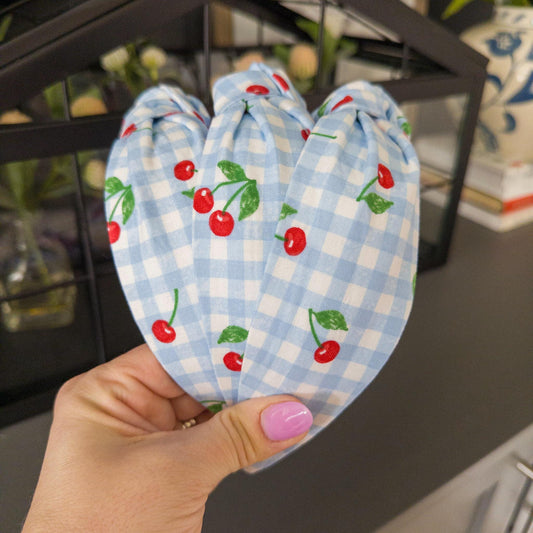Cherry Headband with Blue & White Check