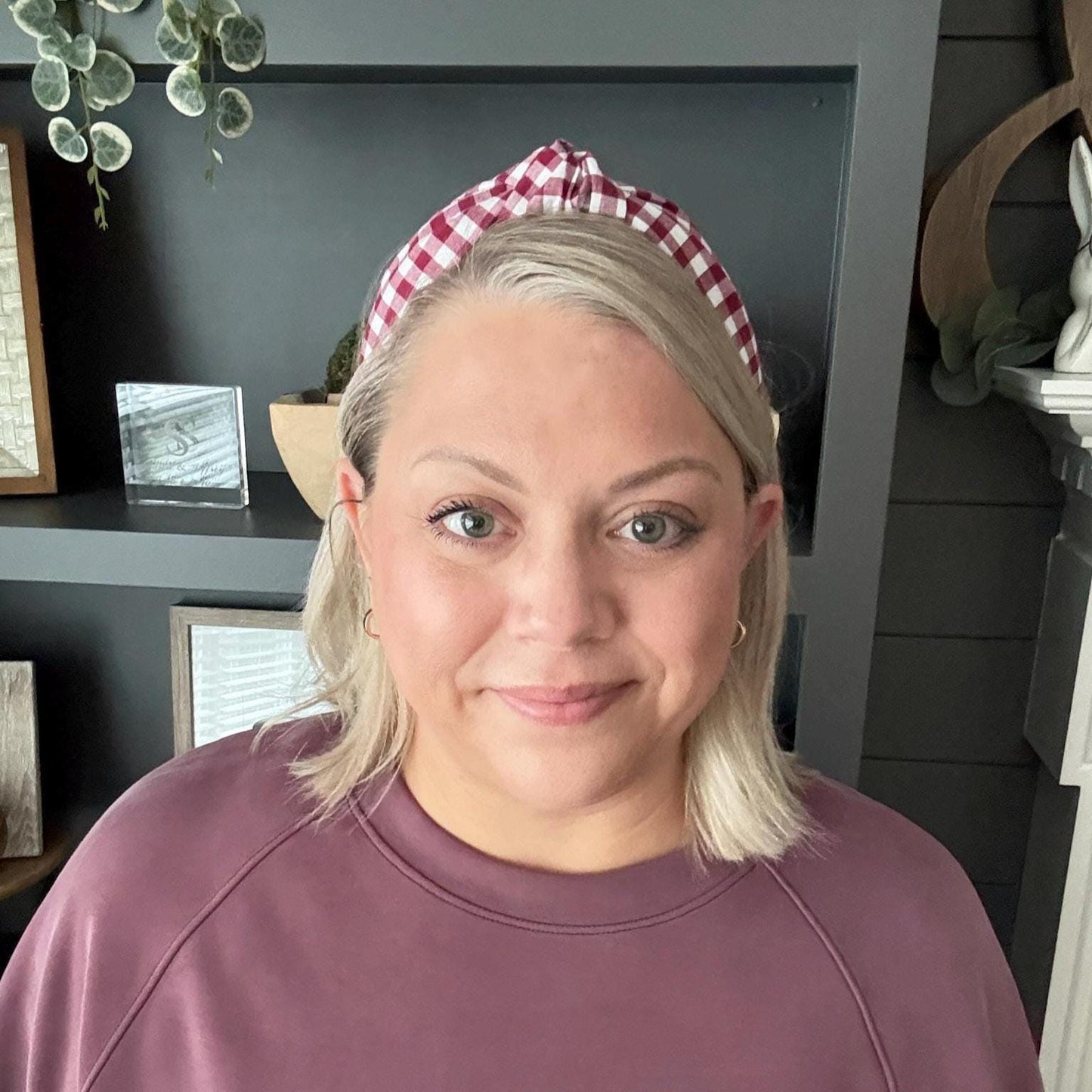 Burgundy and White Buffalo Check Headband