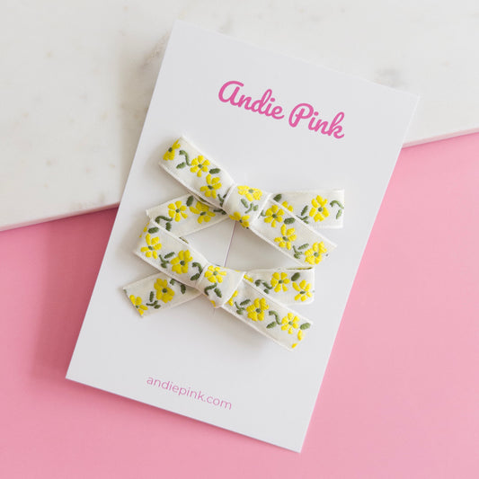 Yellow Floral Piggy Bow Sets for Little Girls & Toddlers