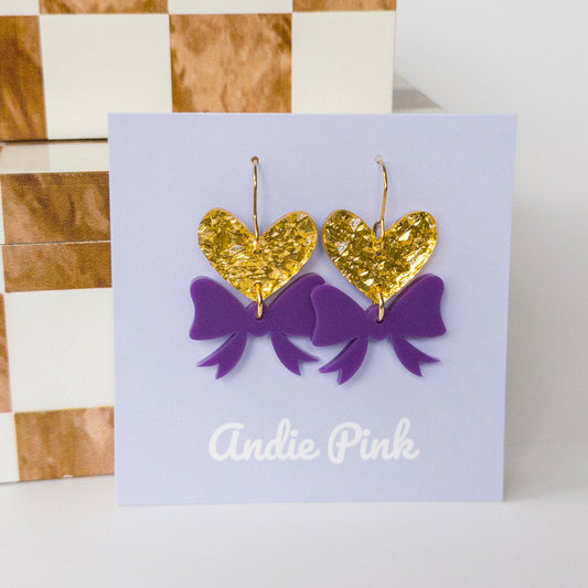 Purple and Gold Bow & Heart Earrings