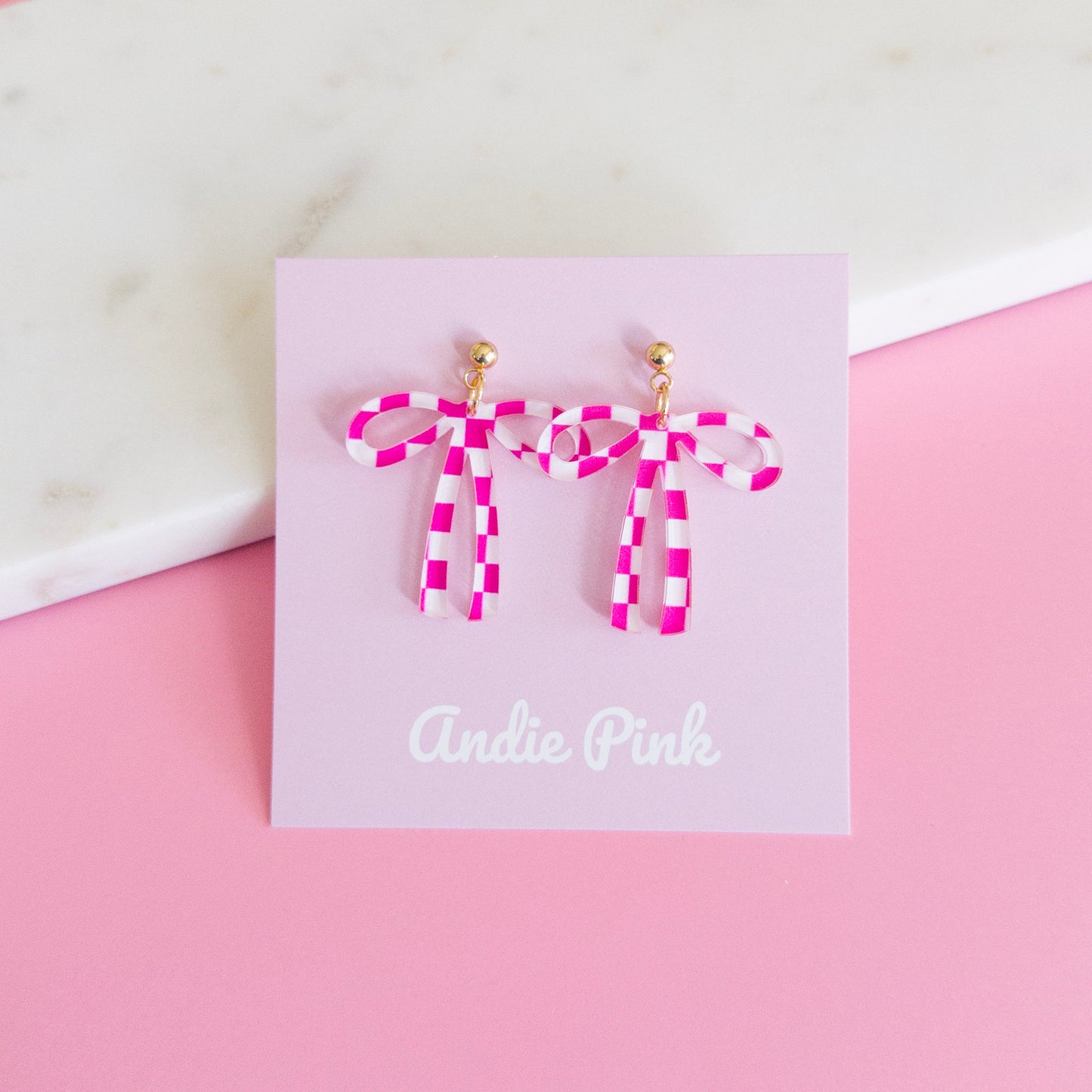 Pink & White Checkered Bow Earrings