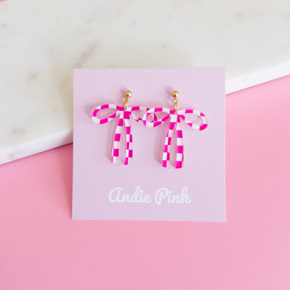Pink & White Checkered Bow Earrings
