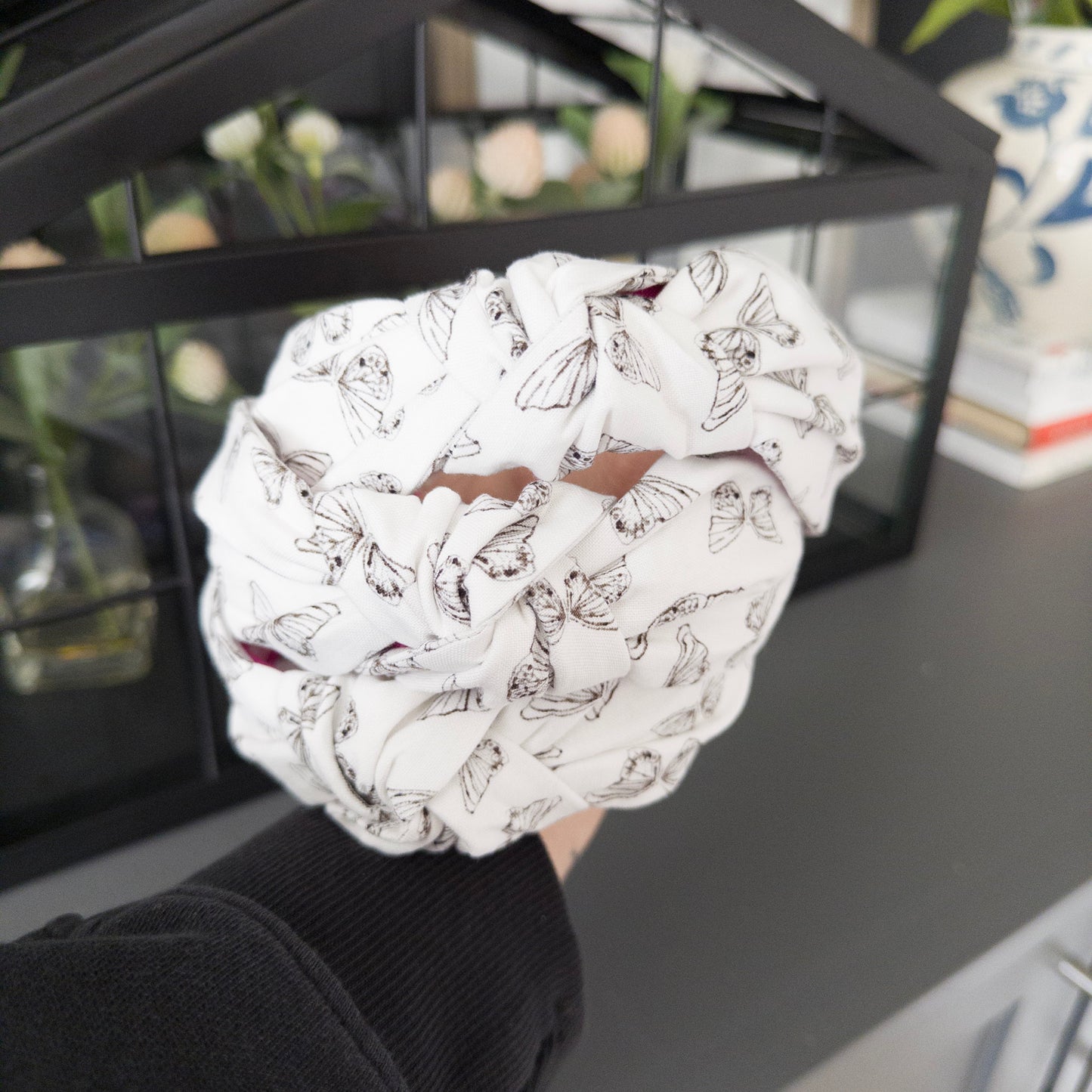 White Headband with Delicate Black Butterflies