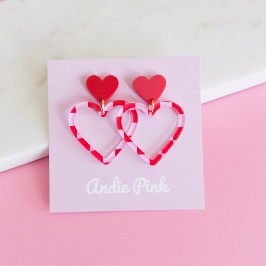 Double Heart Earrings in Red & Pink Checkered