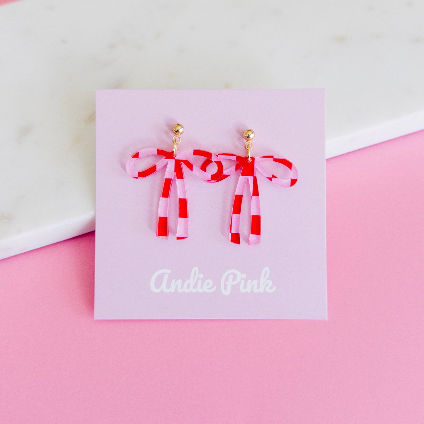 Pink & Red Checkered Bow Earrings