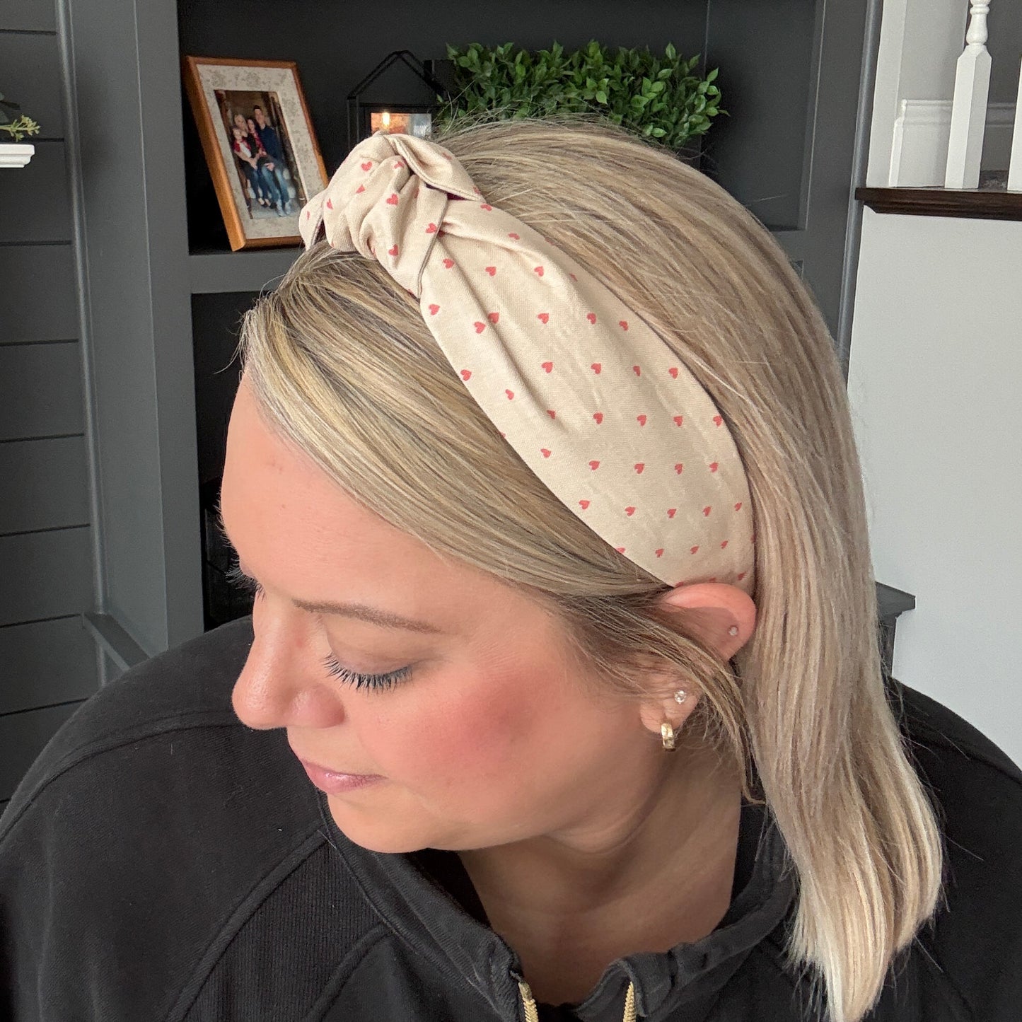 Beige Headband with Pink Micro Hearts