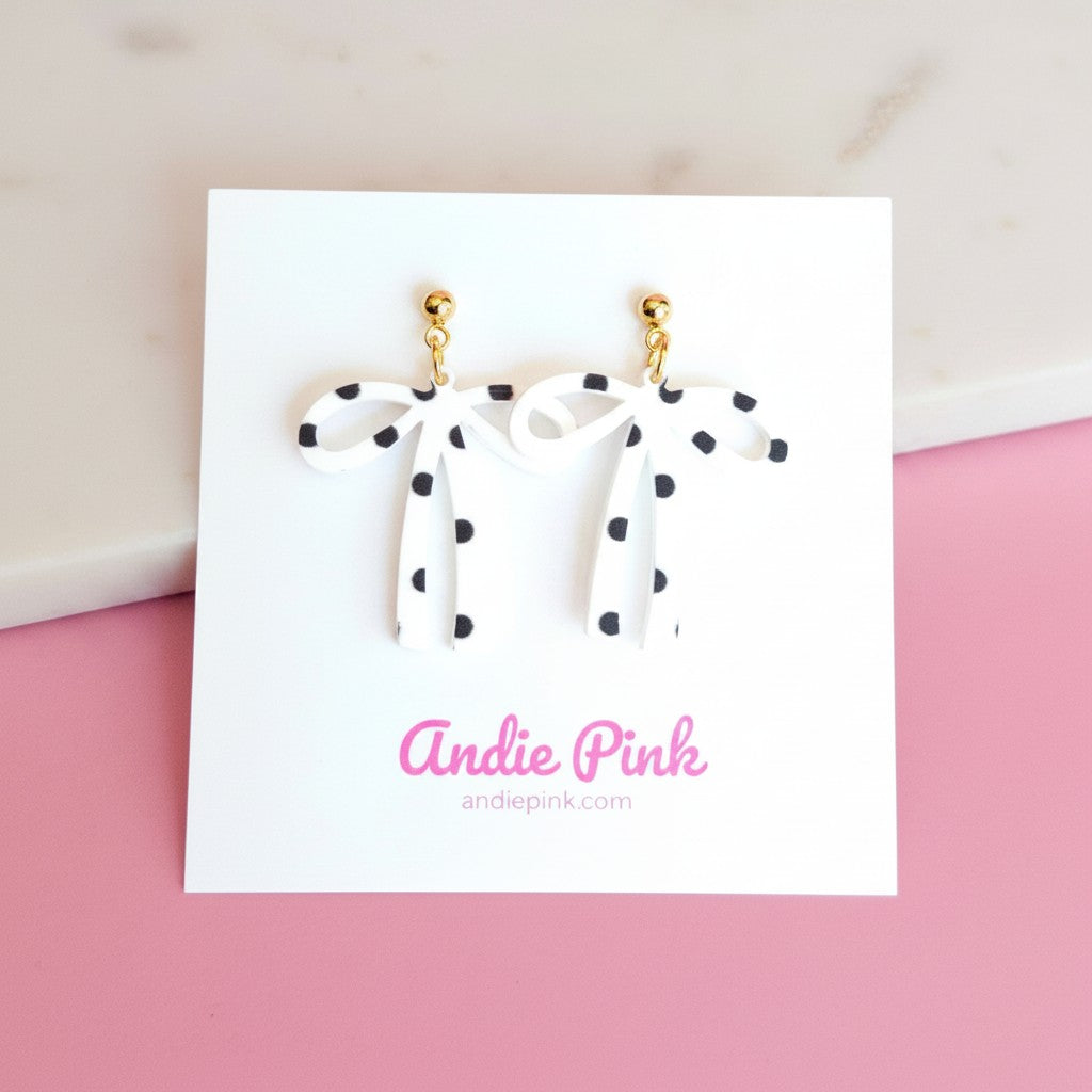 White & Black Polka Dot Bow Earrings