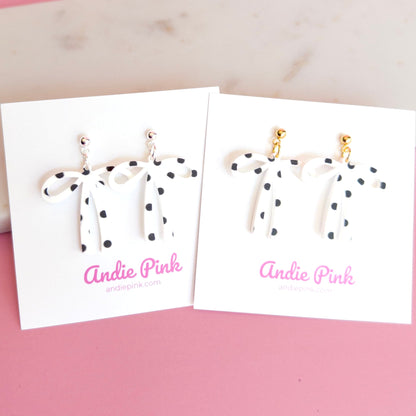 White & Black Polka Dot Bow Earrings
