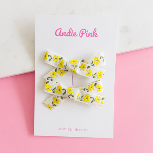 Yellow Floral Piggy Bow Sets for Little Girls & Toddlers