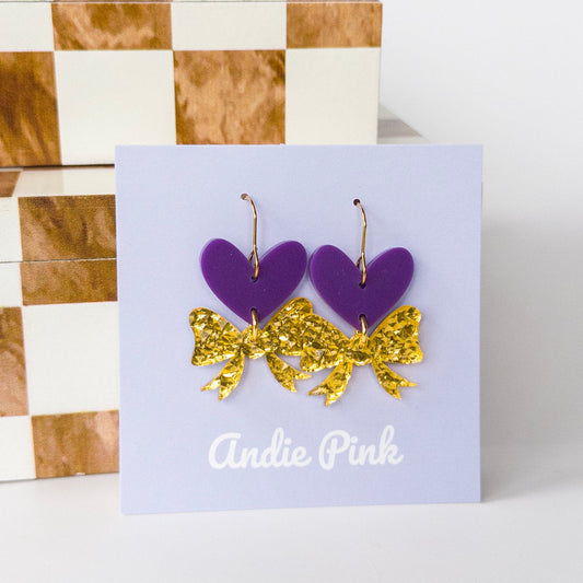 Purple and Gold Bow & Heart Earrings