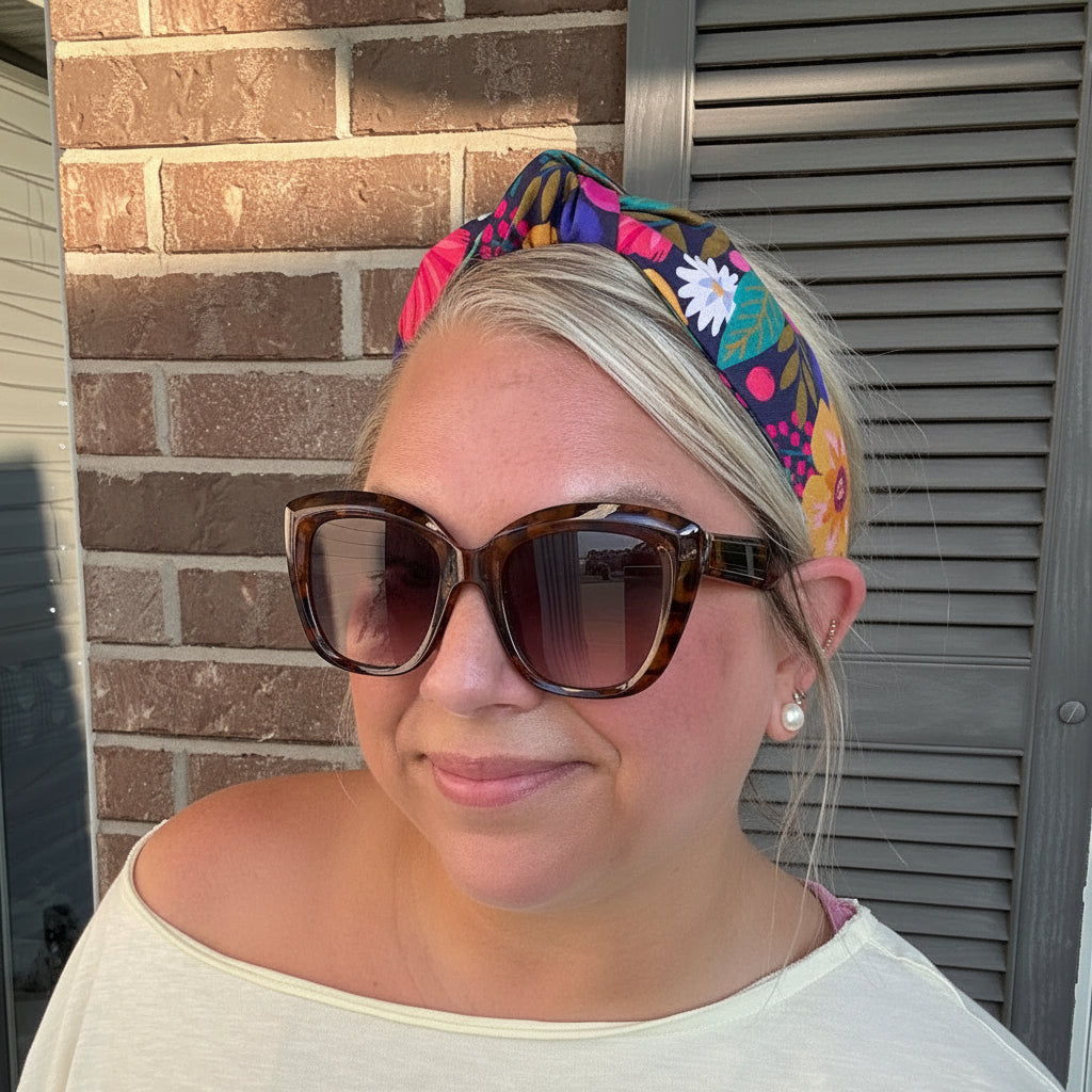 A woman wearing a colorful floral and polka-dot headband, tortoiseshell sunglasses, and a cream-colored off-the-shoulder t-shirt, standing outdoors in front of a brick wall and a gray shuttered door.
