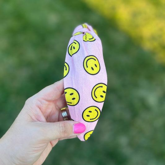 Pink Smiley Face Topknot Headband