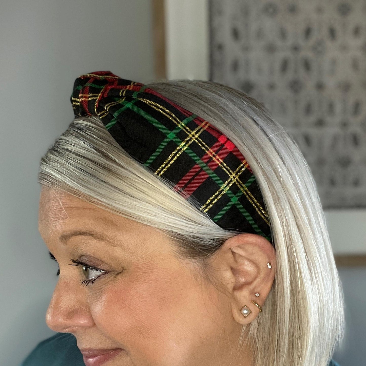 Classic Black, Red, and Gold Tartan Topknot Headband