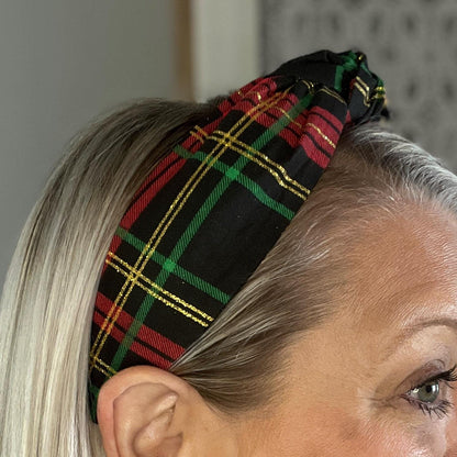 Classic Black, Red, and Gold Tartan Topknot Headband