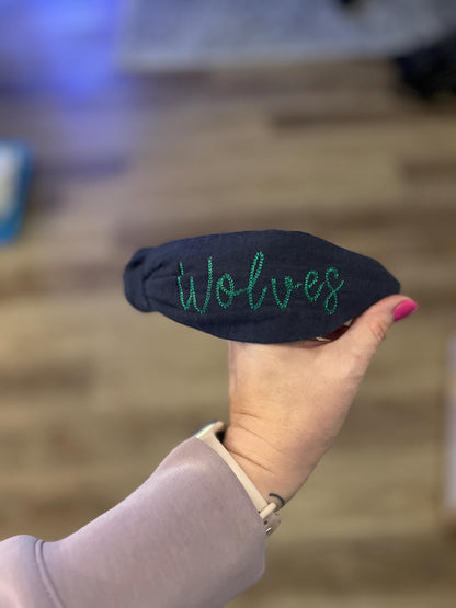 Wolves Navy Blue & Green Handmade Topknot Headband