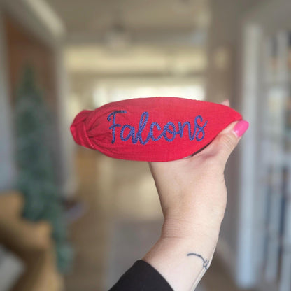 Falcons Red + Blue Embroidered Topkknot Headband