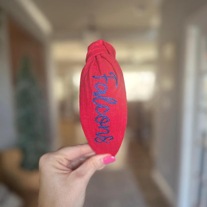 Falcons Red + Blue Embroidered Topkknot Headband