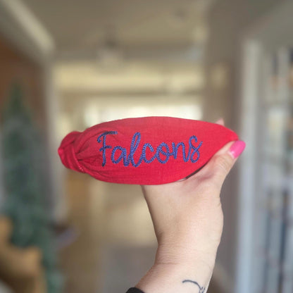 Falcons Red + Blue Embroidered Topkknot Headband
