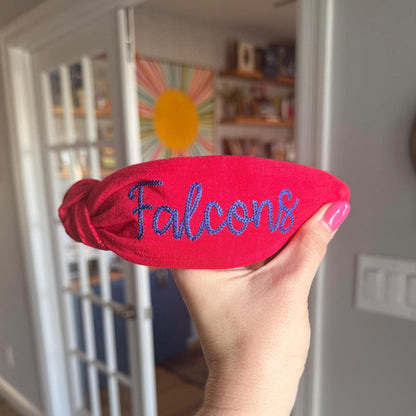 Falcons Red + Blue Embroidered Topkknot Headband