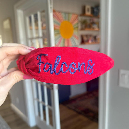 Falcons Red + Blue Embroidered Topkknot Headband