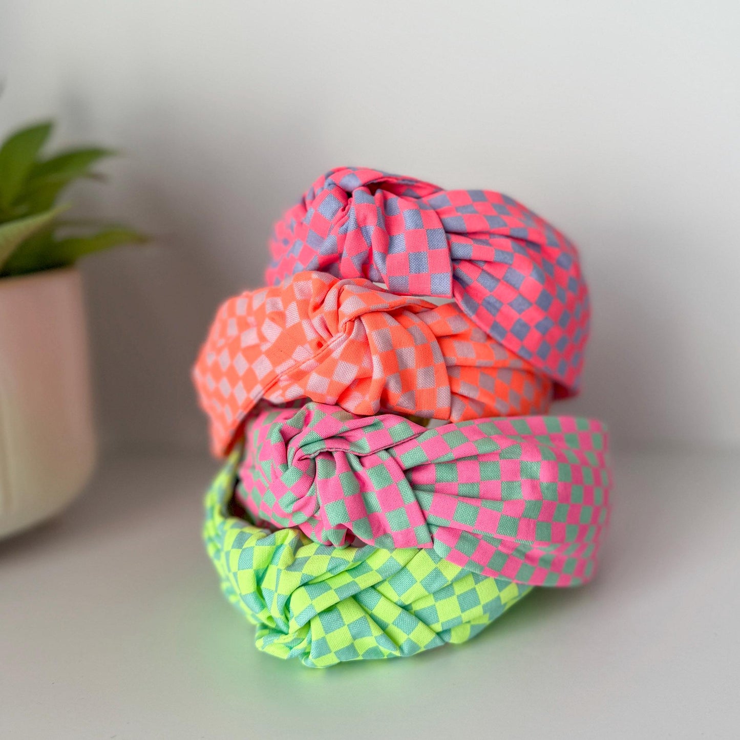 Neon Orange & White Checkered Headband