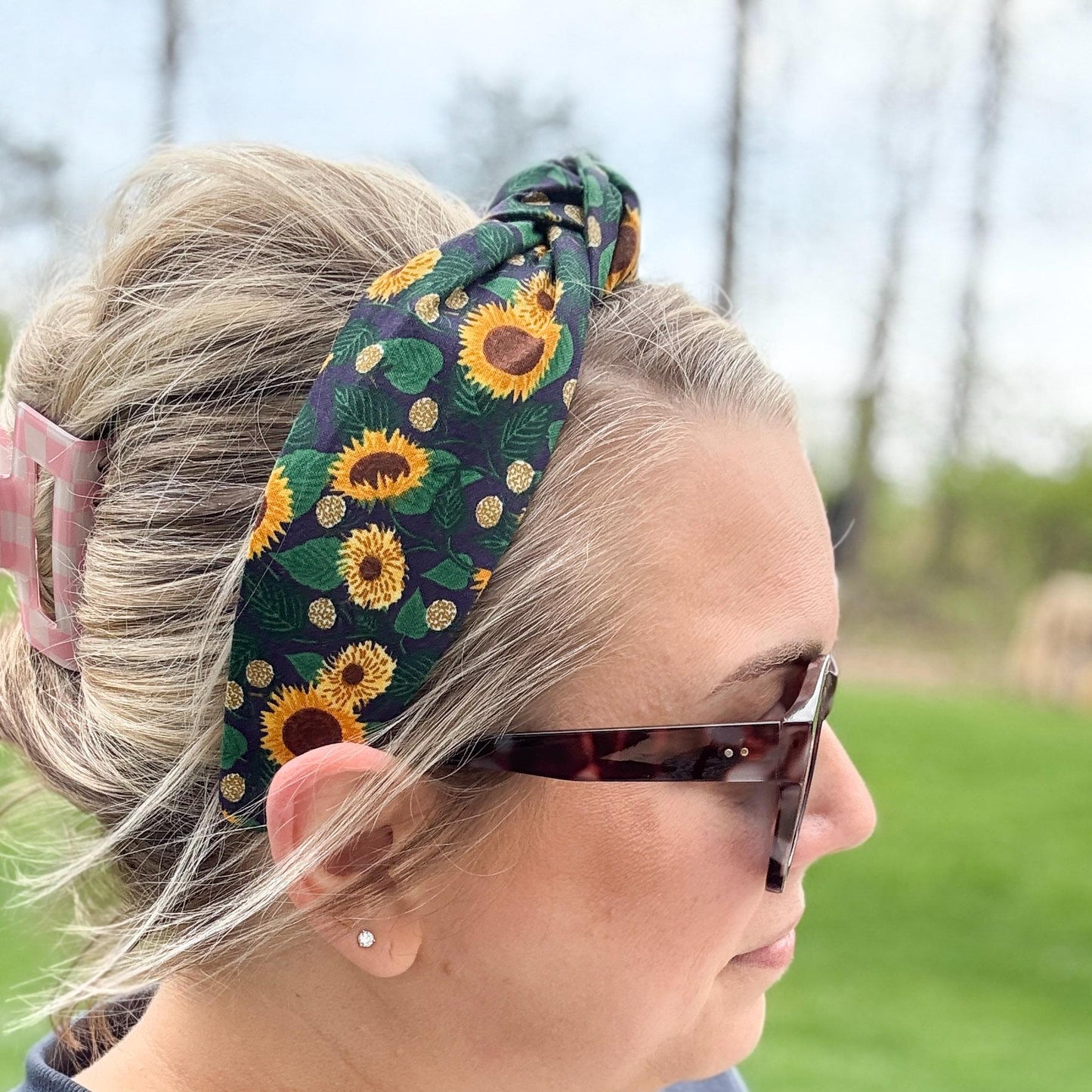 Navy Blue Sunflower Topknot Headband Made with Rifle Paper Co. Fabric