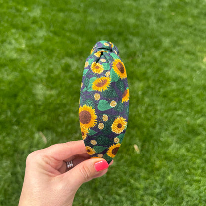 Navy Blue Sunflower Topknot Headband Made with Rifle Paper Co. Fabric