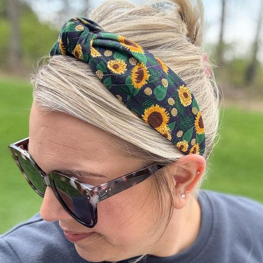 Navy Blue Sunflower Topknot Headband Made with Rifle Paper Co. Fabric