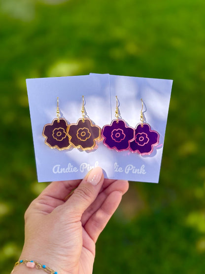 Floral Engraved Acrylic Earrings: Gold & Pink Statement Jewelry