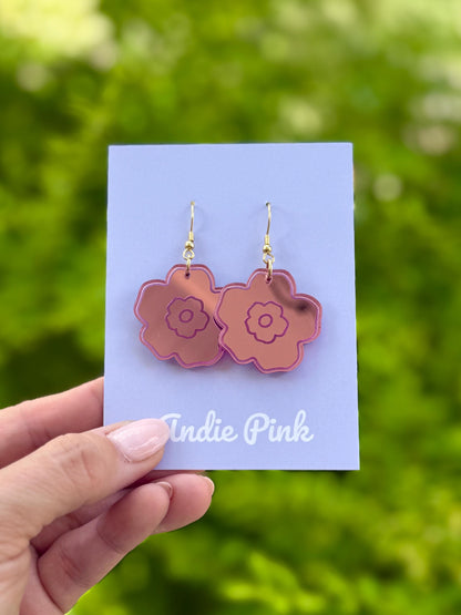 Floral Engraved Acrylic Earrings: Gold & Pink Statement Jewelry