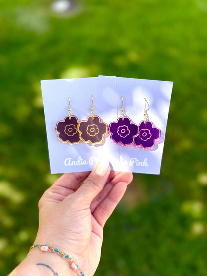 Floral Engraved Acrylic Earrings: Gold & Pink Statement Jewelry