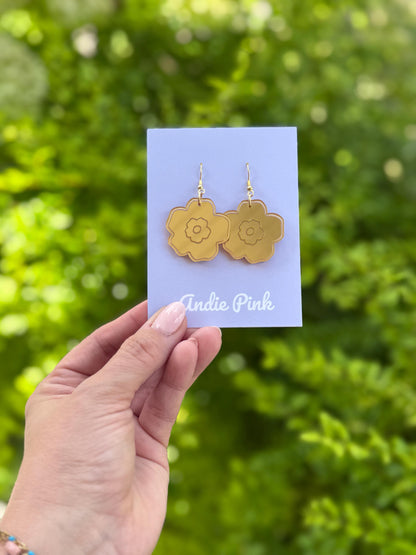 Floral Engraved Acrylic Earrings: Gold & Pink Statement Jewelry