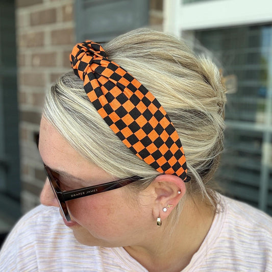 Orange and Black Checkered Halloween Topknot Headband, Comfortable Topknot Headband, Women & Girls (age 5+)