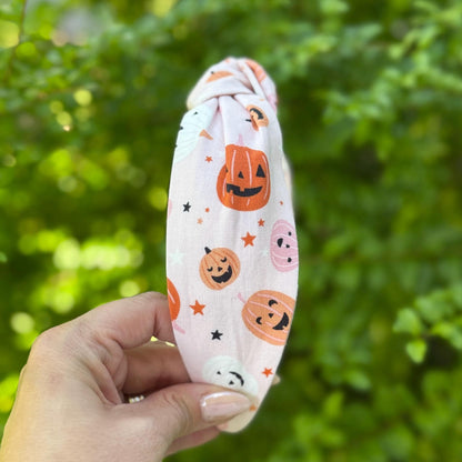 Pink Halloween Headband with Pumpkins, Topknot Headband, Comfortable Topknot Headband, Women & Girls (age 5+)