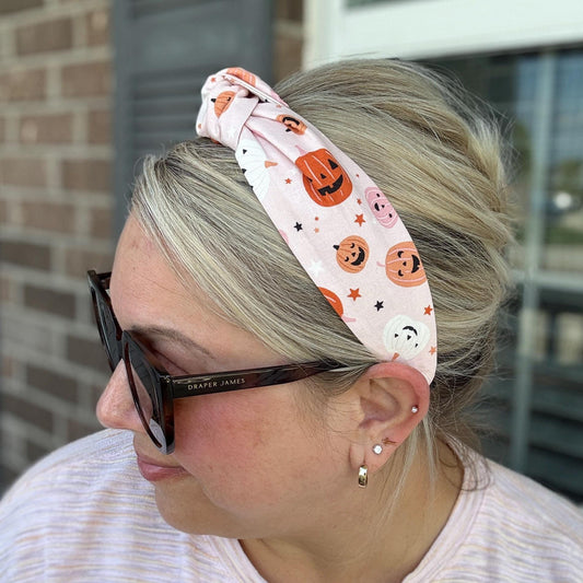 Pink Halloween Headband with Pumpkins, Topknot Headband, Comfortable Topknot Headband, Women & Girls (age 5+)