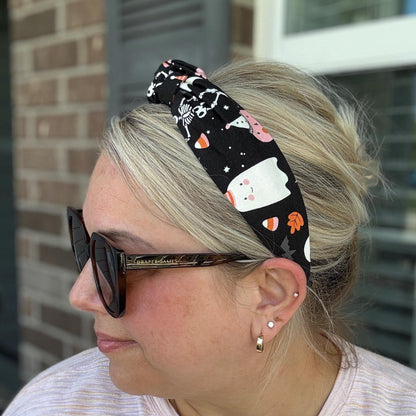 Cute Black and Pink Halloween Headband, Topknot Headband, Pumpkins and Ghosts, Comfortable Topknot Headband, Women & Girls (age 5+)