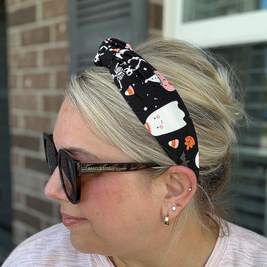 Cute Black and Pink Halloween Headband, Topknot Headband, Pumpkins and Ghosts, Comfortable Topknot Headband, Women & Girls (age 5+)